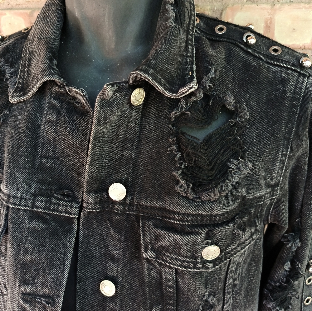 Signature8 Distressed Black Denim Jacket Silver Barbell Posts Jean 41" Chest - Picture 11 of 12